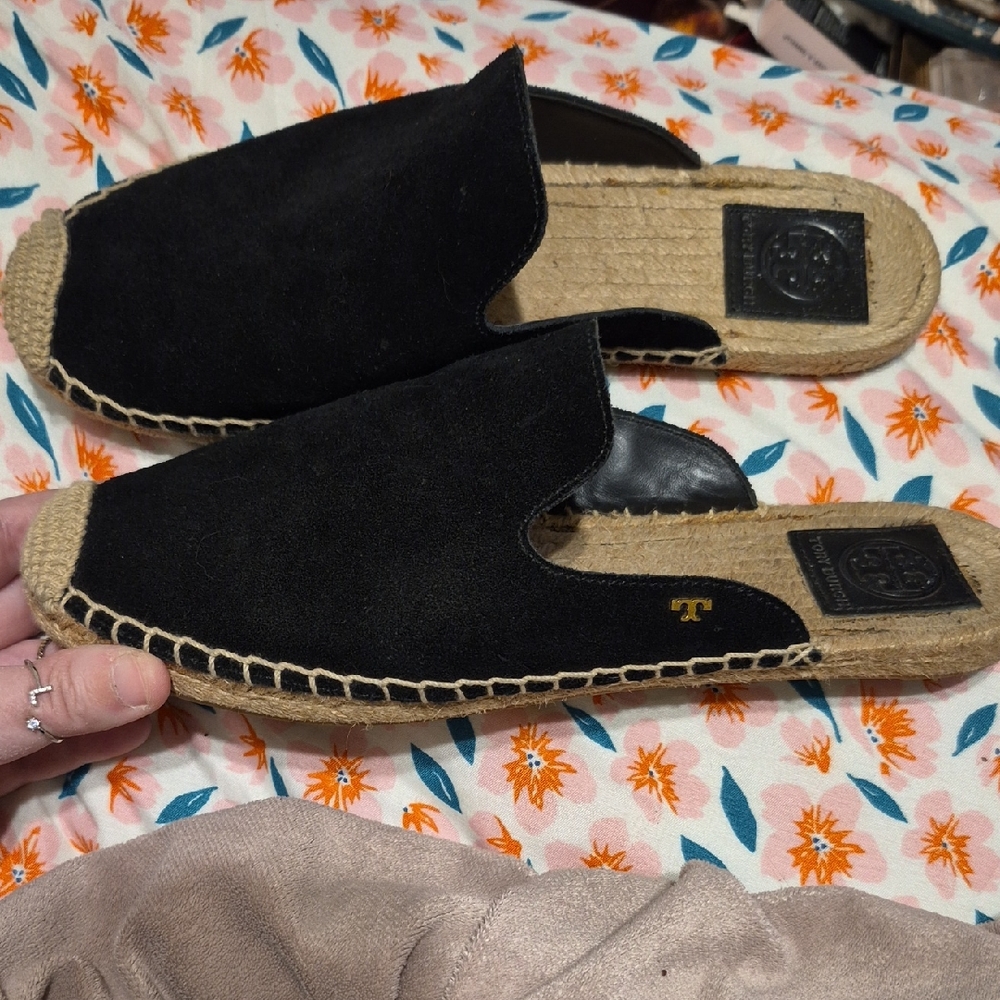 Tory Burch Black Suede Espadrille Mules